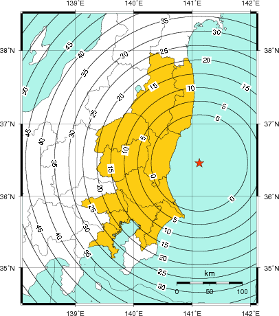 緊急地震速報(警報)第1報を発表した地域及び主要動到達までの時間
