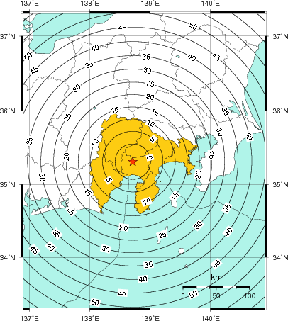 緊急地震速報（警報）第1報を発表した地域及び主要動到達までの時間