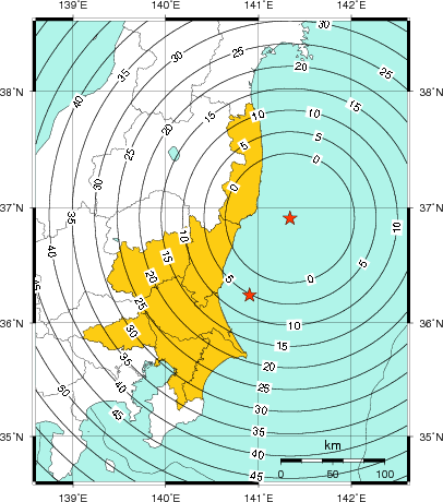 緊急地震速報(警報)第1報を発表した地域及び主要動到達までの時間