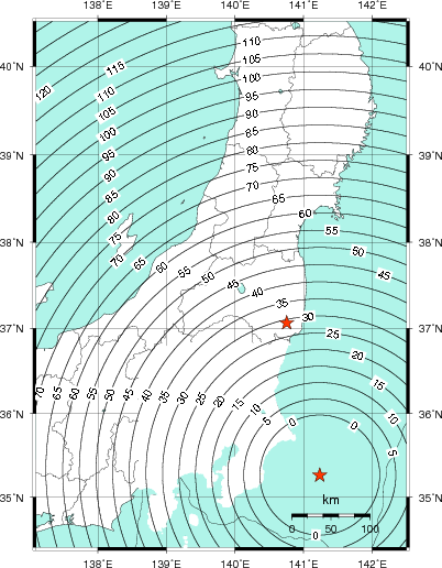 緊急地震速報第1報提供から主要動到達までの時間及び推計震度分布図