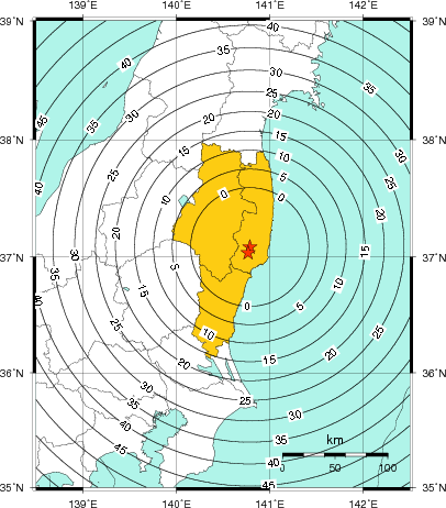 緊急地震速報(警報)第1報を発表した地域及び主要動到達までの時間