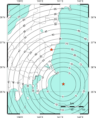 緊急地震速報第1報提供から主要動到達までの時間及び推計震度分布図