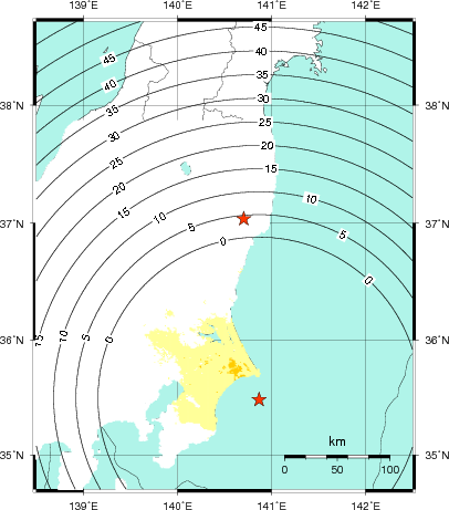 緊急地震速報第1報提供から主要動到達までの時間及び推計震度分布図