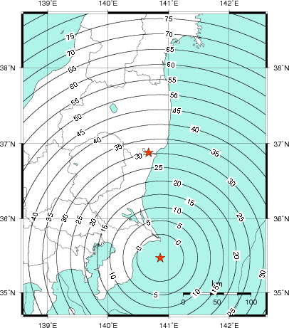 緊急地震速報第1報提供から主要動到達までの時間及び推計震度分布図