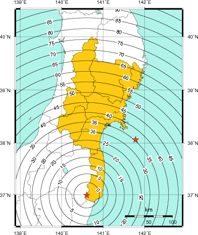 緊急地震速報（警報）第1報を発表した地域及び主要動到達までの時間