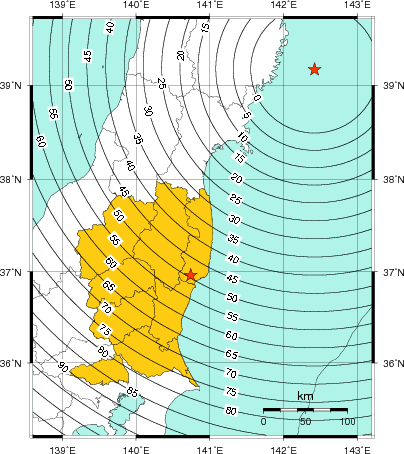 緊急地震速報(警報)第1報を発表した地域及び主要動到達までの時間