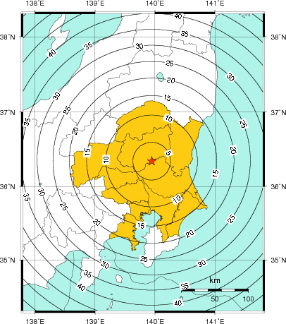 緊急地震速報（警報）第1報を発表した地域及び主要動到達までの時間