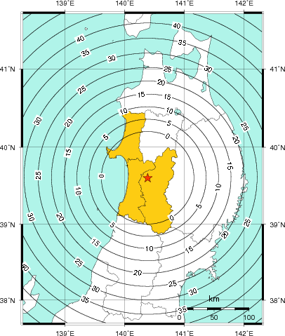 緊急地震速報（警報）第1報を発表した地域及び主要動到達までの時間