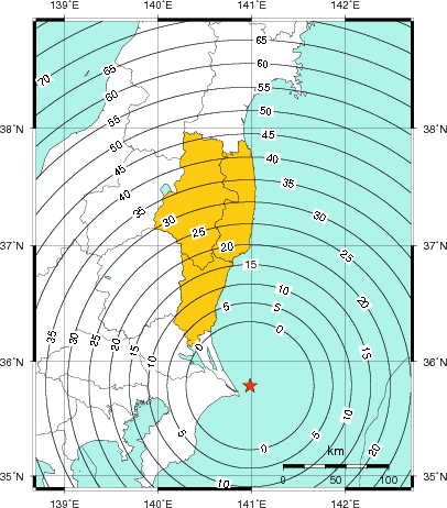 緊急地震速報（警報）第1報を発表した地域及び主要動到達までの時間