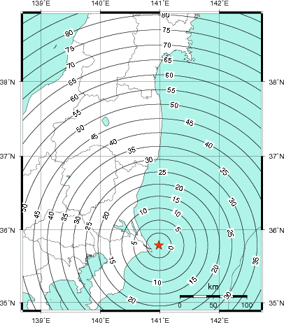 緊急地震速報第1報提供から主要動到達までの時間及び推計震度分布図