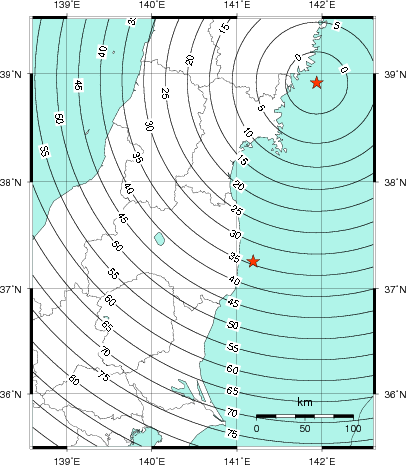 緊急地震速報第1報提供から主要動到達までの時間及び推計震度分布図