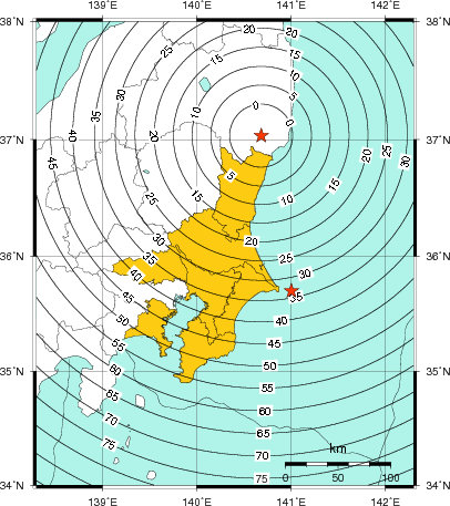 緊急地震速報(警報)第1報を発表した地域及び主要動到達までの時間