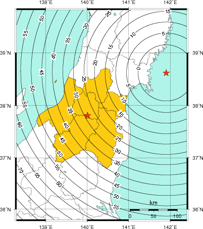 緊急地震速報（警報）第1報を発表した地域及び主要動到達までの時間