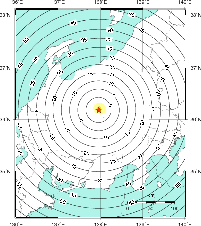 緊急地震速報第1報提供から主要動到達までの時間及び推計震度分布図