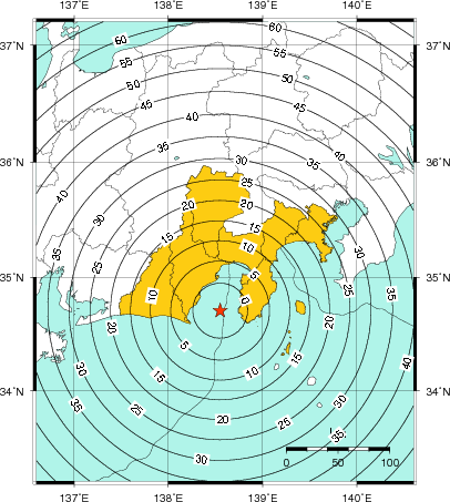 緊急地震速報（警報）第1報を発表した地域及び主要動到達までの時間