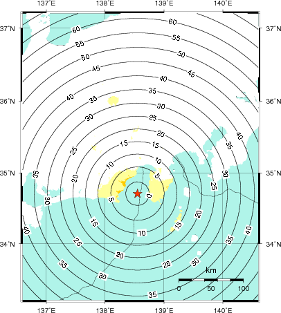 緊急地震速報第1報提供から主要動到達までの時間及び推計震度分布図