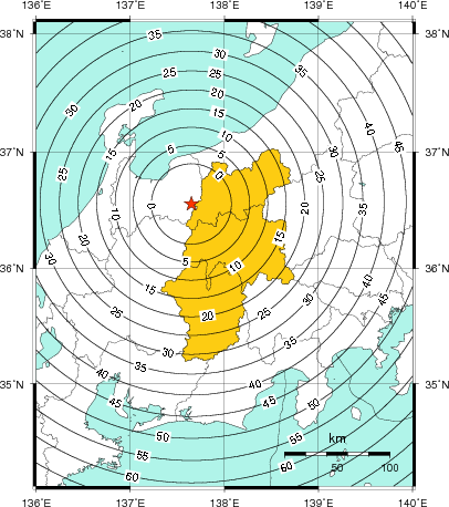 緊急地震速報（警報）第1報を発表した地域及び主要動到達までの時間