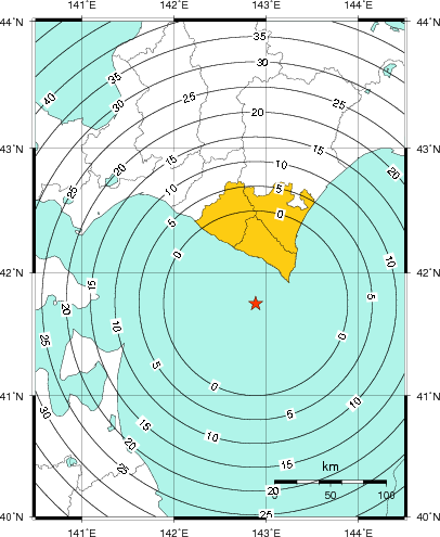 緊急地震速報(警報)第1報を発表した地域及び主要動到達までの時間