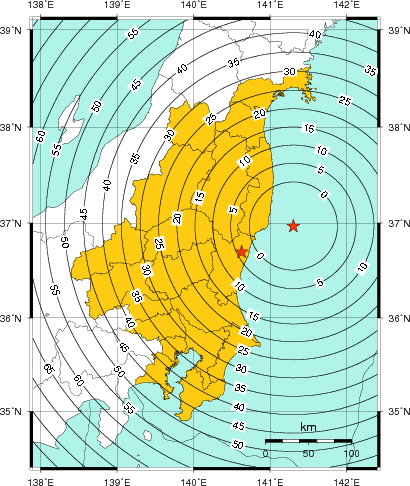 緊急地震速報（警報）第1報を発表した地域及び主要動到達までの時間