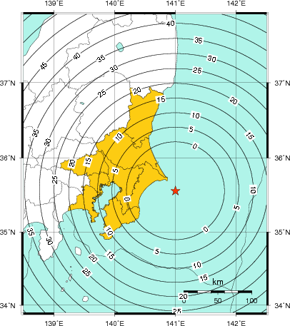 緊急地震速報（警報）第1報を発表した地域及び主要動到達までの時間