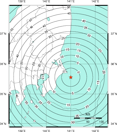 緊急地震速報第1報提供から主要動到達までの時間及び推計震度分布図