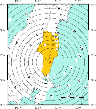 緊急地震速報（警報）第1報を発表した地域及び主要動到達までの時間