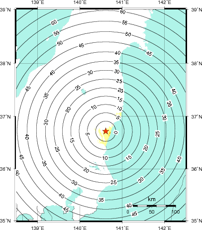 緊急地震速報第1報提供から主要動到達までの時間及び推計震度分布図
