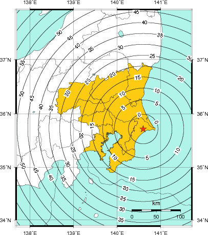 緊急地震速報（警報）第1報を発表した地域及び主要動到達までの時間