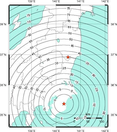 緊急地震速報第1報提供から主要動到達までの時間及び推計震度分布図