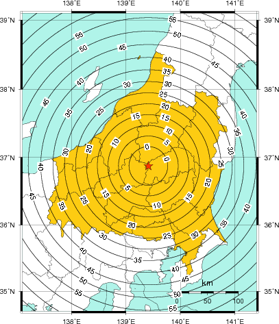 緊急地震速報（警報）第1報を発表した地域及び主要動到達までの時間