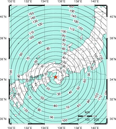 緊急地震速報第1報提供から主要動到達までの時間及び推計震度分布図