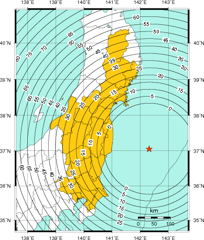 緊急地震速報（警報）第1報を発表した地域及び主要動到達までの時間