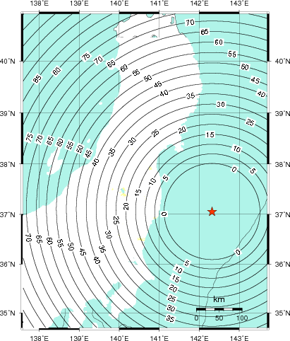 緊急地震速報第1報提供から主要動到達までの時間及び推計震度分布図