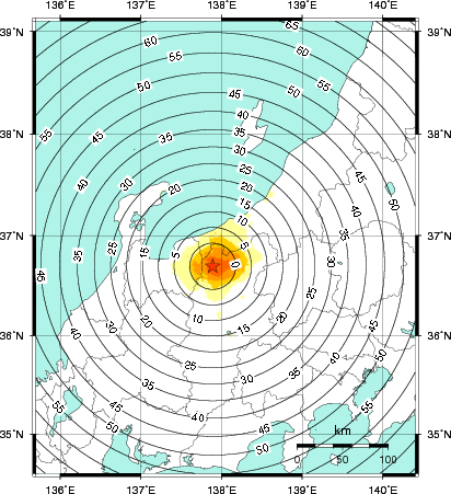 緊急地震速報第1報提供から主要動到達までの時間及び推計震度分布図