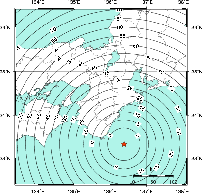 緊急地震速報第1報提供から主要動到達までの時間及び推計震度分布図