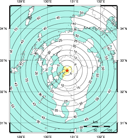 緊急地震速報第1報提供から主要動到達までの時間及び推計震度分布図