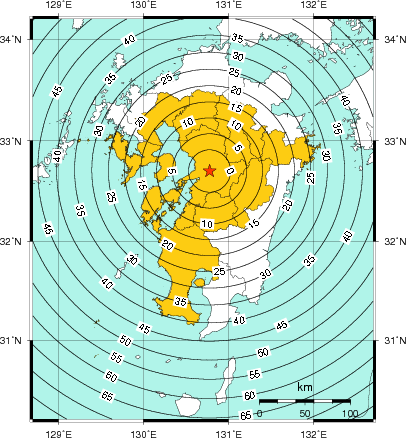 緊急地震速報（警報）第1報を発表した地域及び主要動到達までの時間