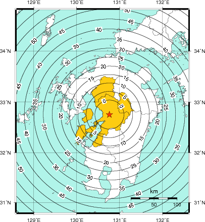 緊急地震速報(警報)第1報を発表した地域及び主要動到達までの時間