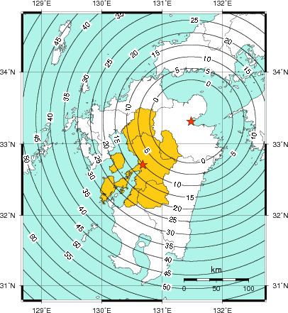 緊急地震速報（警報）第1報を発表した地域及び主要動到達までの時間