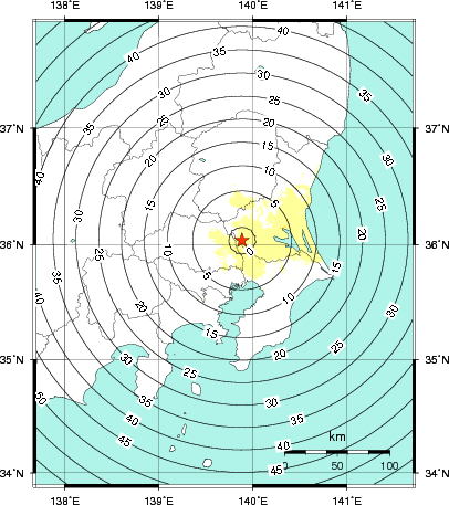 緊急地震速報第1報提供から主要動到達までの時間及び推計震度分布図