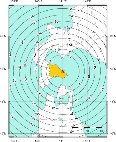 緊急地震速報（警報）第1報を発表した地域及び主要動到達までの時間