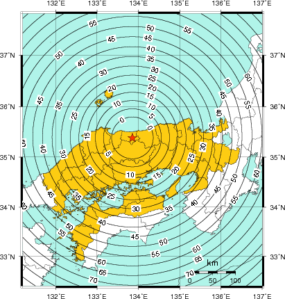 緊急地震速報（警報）第1報を発表した地域及び主要動到達までの時間