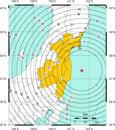 緊急地震速報（警報）第1報を発表した地域及び主要動到達までの時間