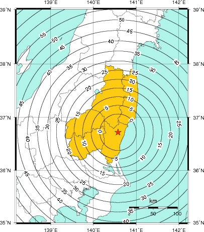 緊急地震速報(警報)第1報を発表した地域及び主要動到達までの時間