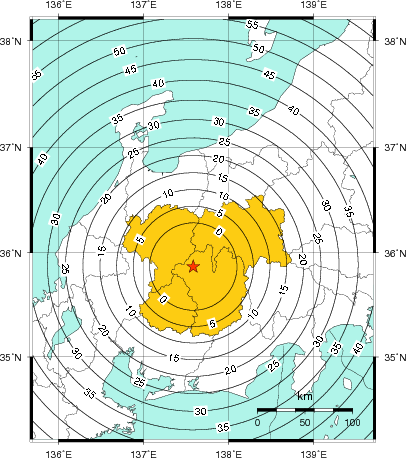 緊急地震速報（警報）第1報を発表した地域及び主要動到達までの時間