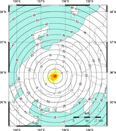 緊急地震速報第1報提供から主要動到達までの時間及び推計震度分布図