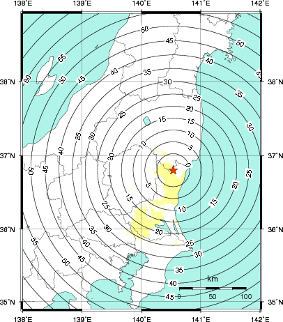 緊急地震速報第1報提供から主要動到達までの時間及び推計震度分布図