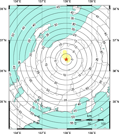 緊急地震速報第1報提供から主要動到達までの時間及び推計震度分布図