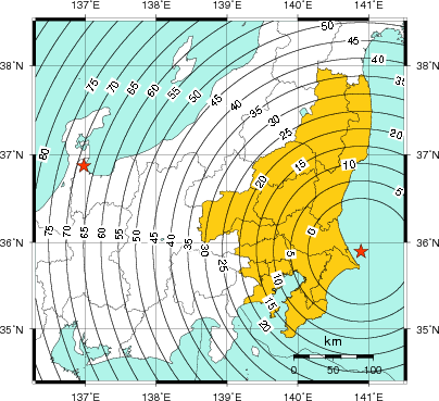 緊急地震速報（警報）第1報を発表した地域及び主要動到達までの時間