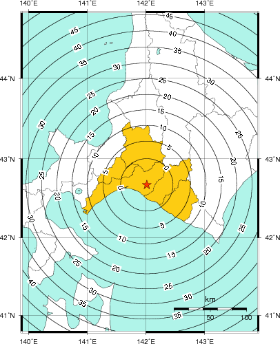 緊急地震速報（警報）第1報を発表した地域及び主要動到達までの時間